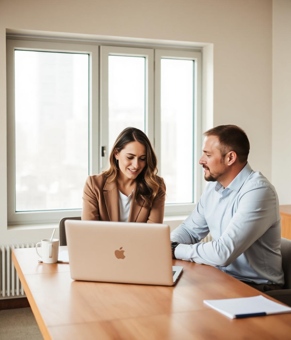 Twee professionals in gesprek achter een laptop