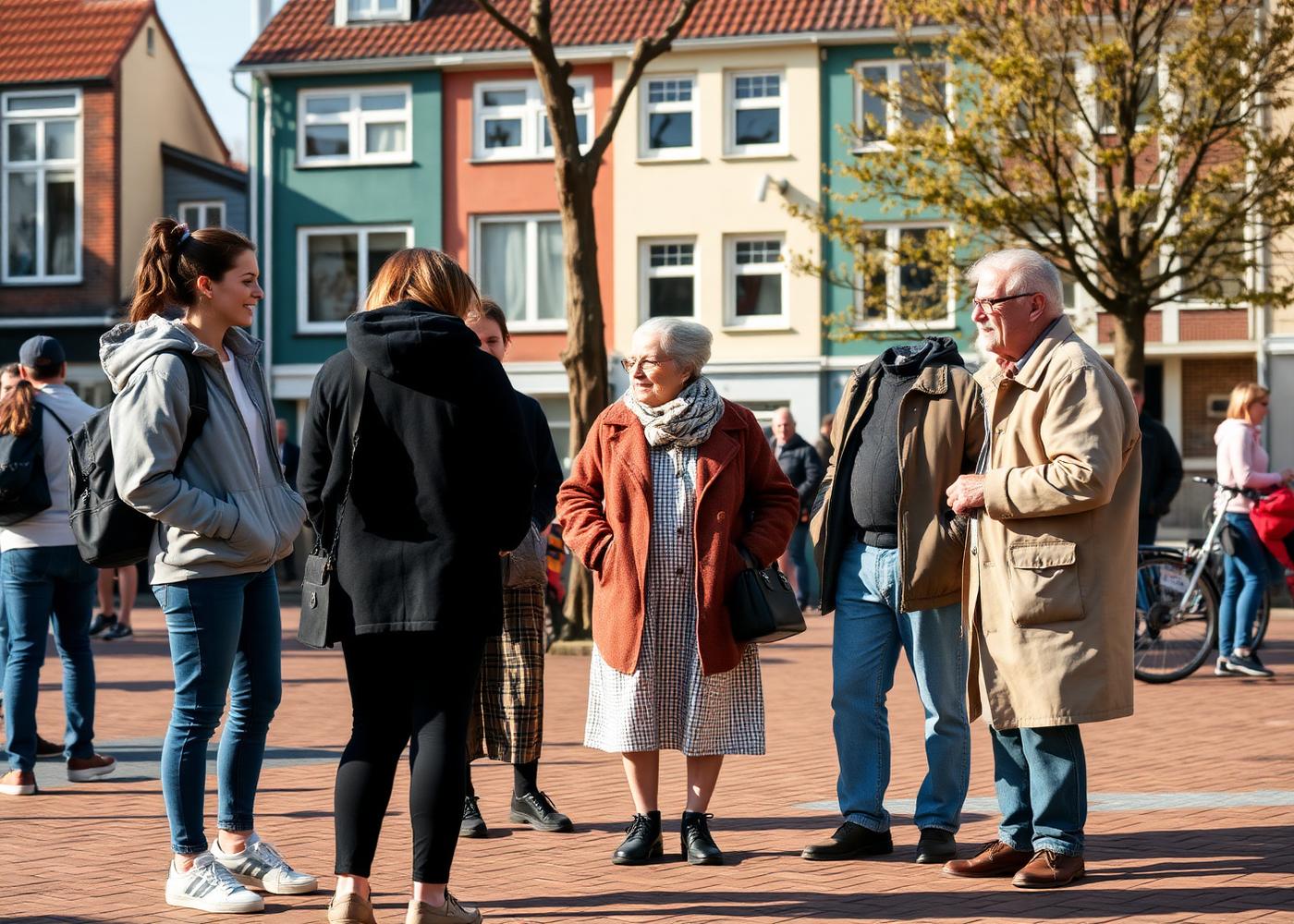 Buurtbewoners van verschillende generaties in gesprek op een plein